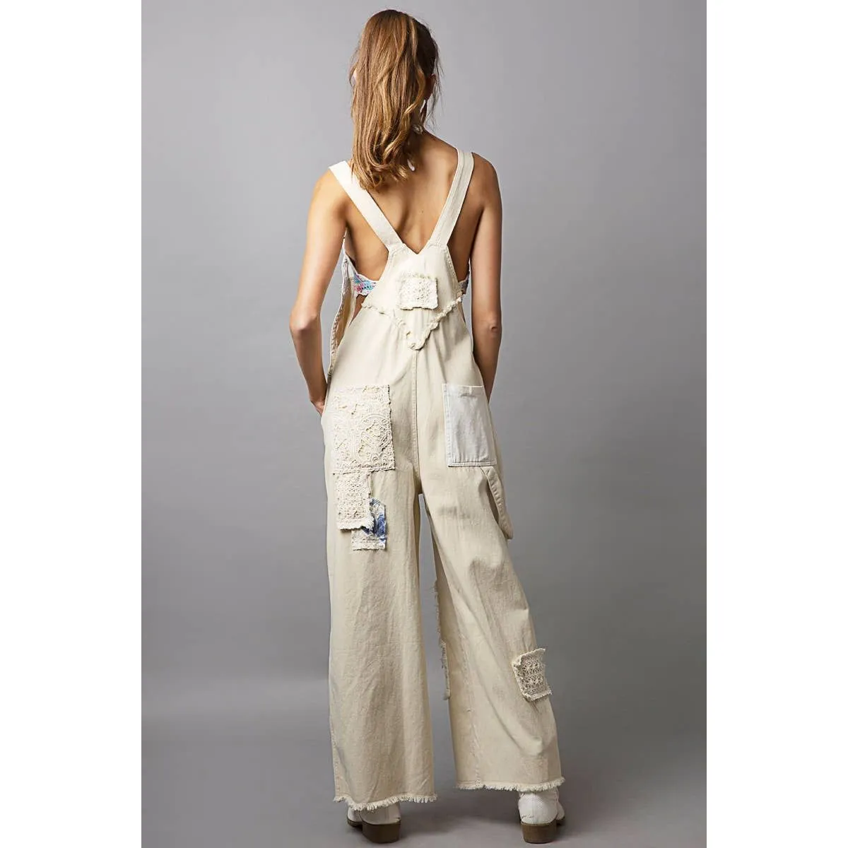 Crochet patchwork detail casual denim overalls