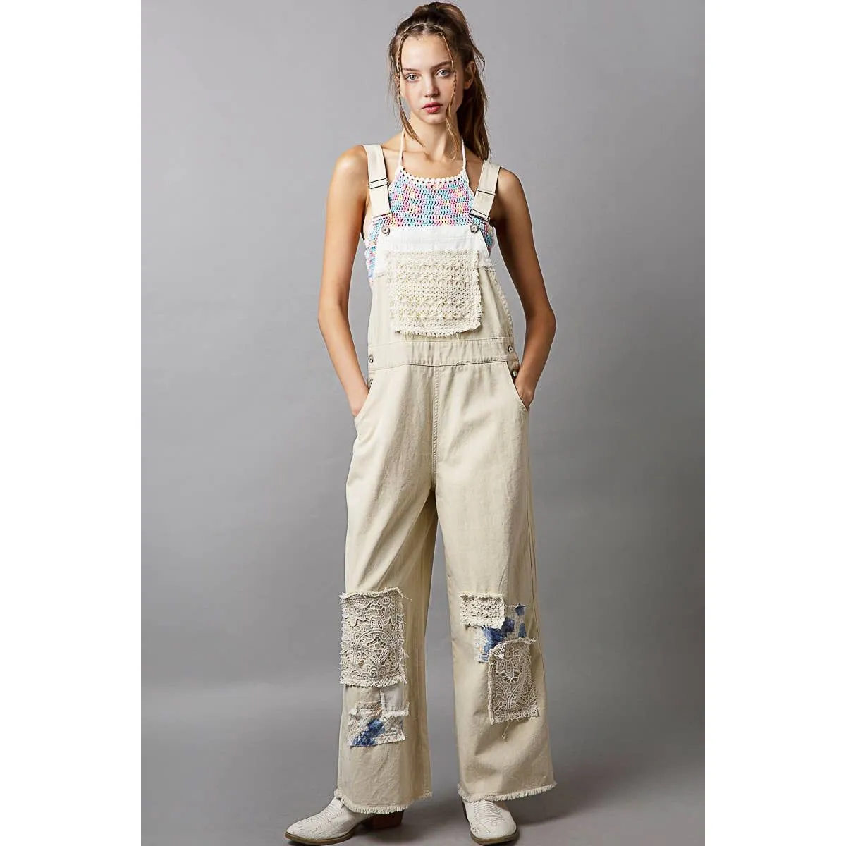 Crochet patchwork detail casual denim overalls