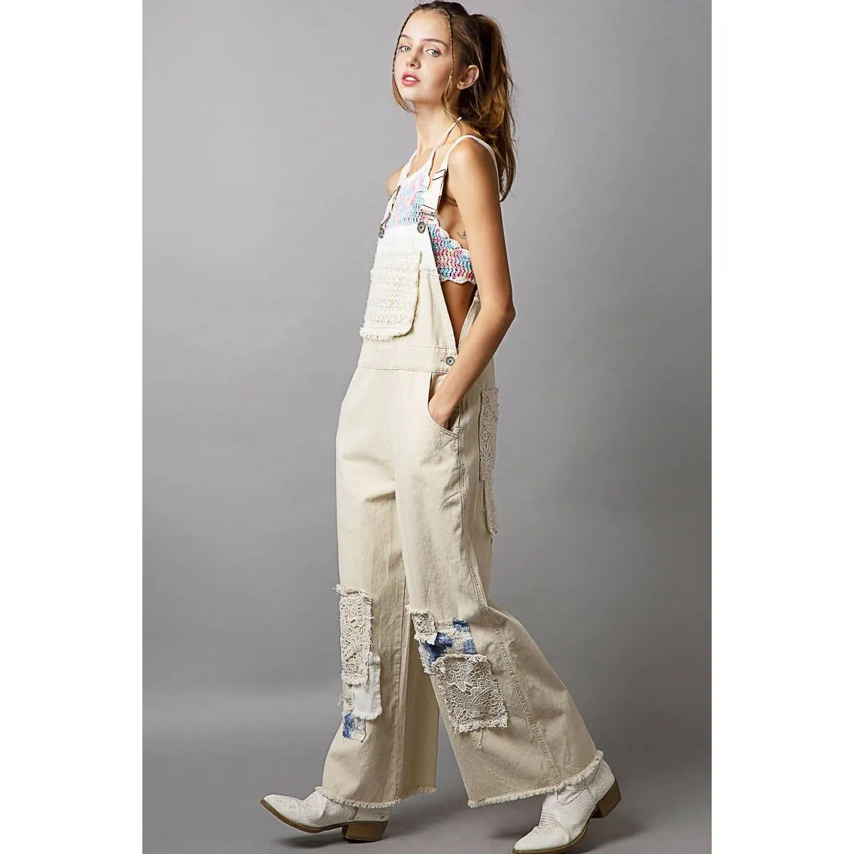 Crochet patchwork detail casual denim overalls