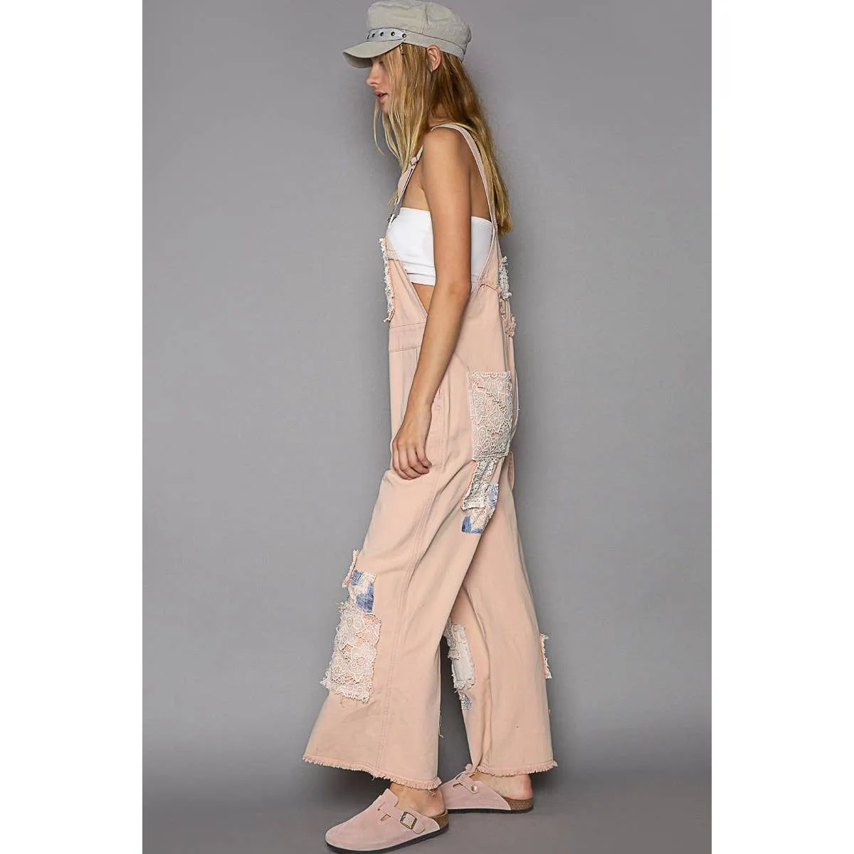 Crochet patchwork detail casual denim overalls
