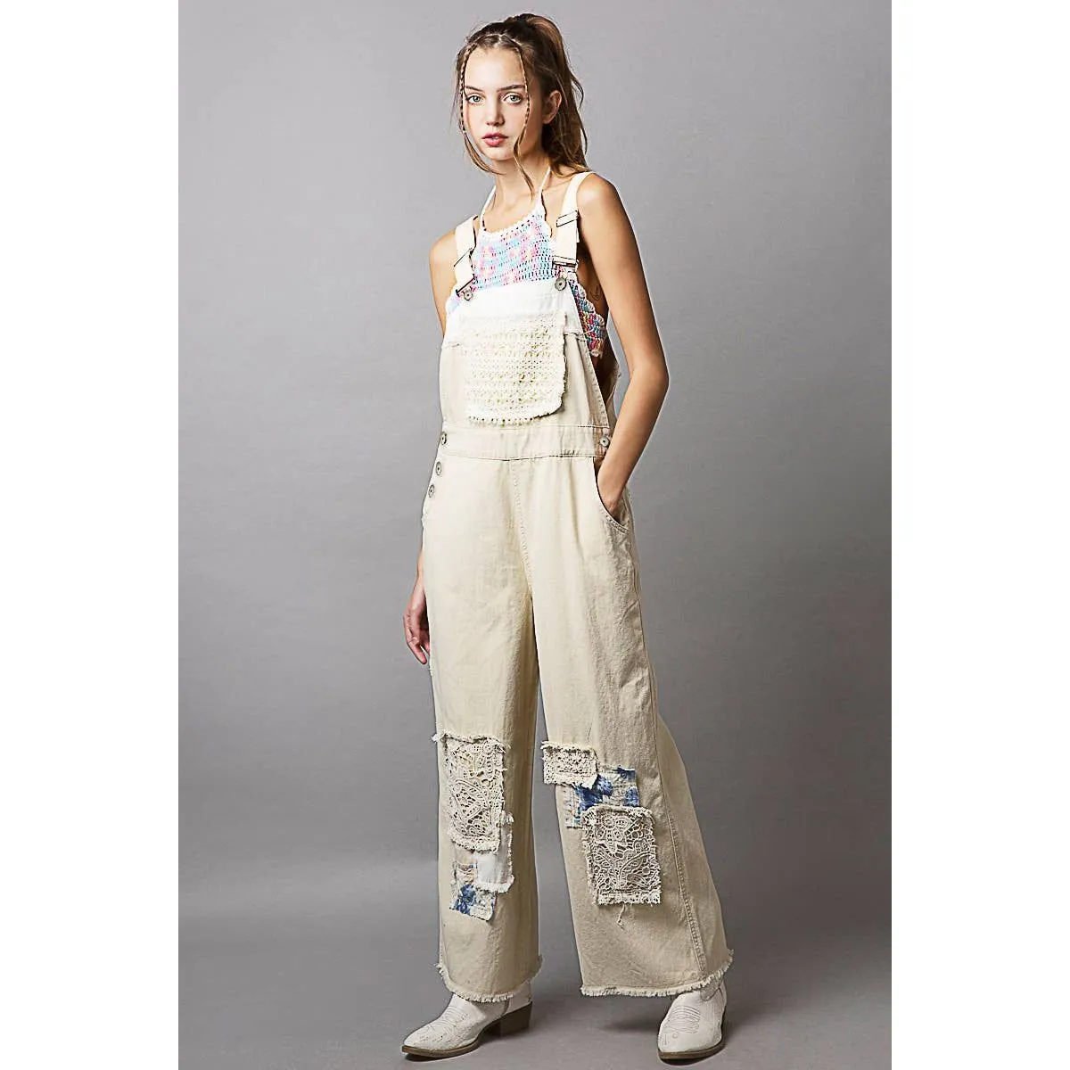 Crochet patchwork detail casual denim overalls