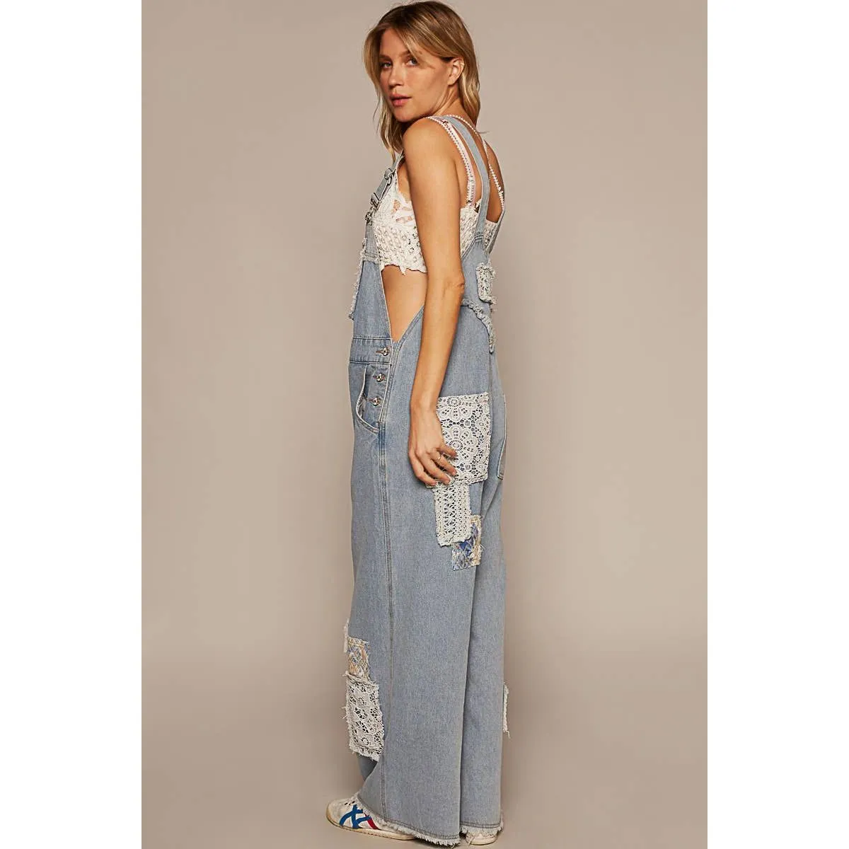 Crochet patchwork detail casual denim overalls