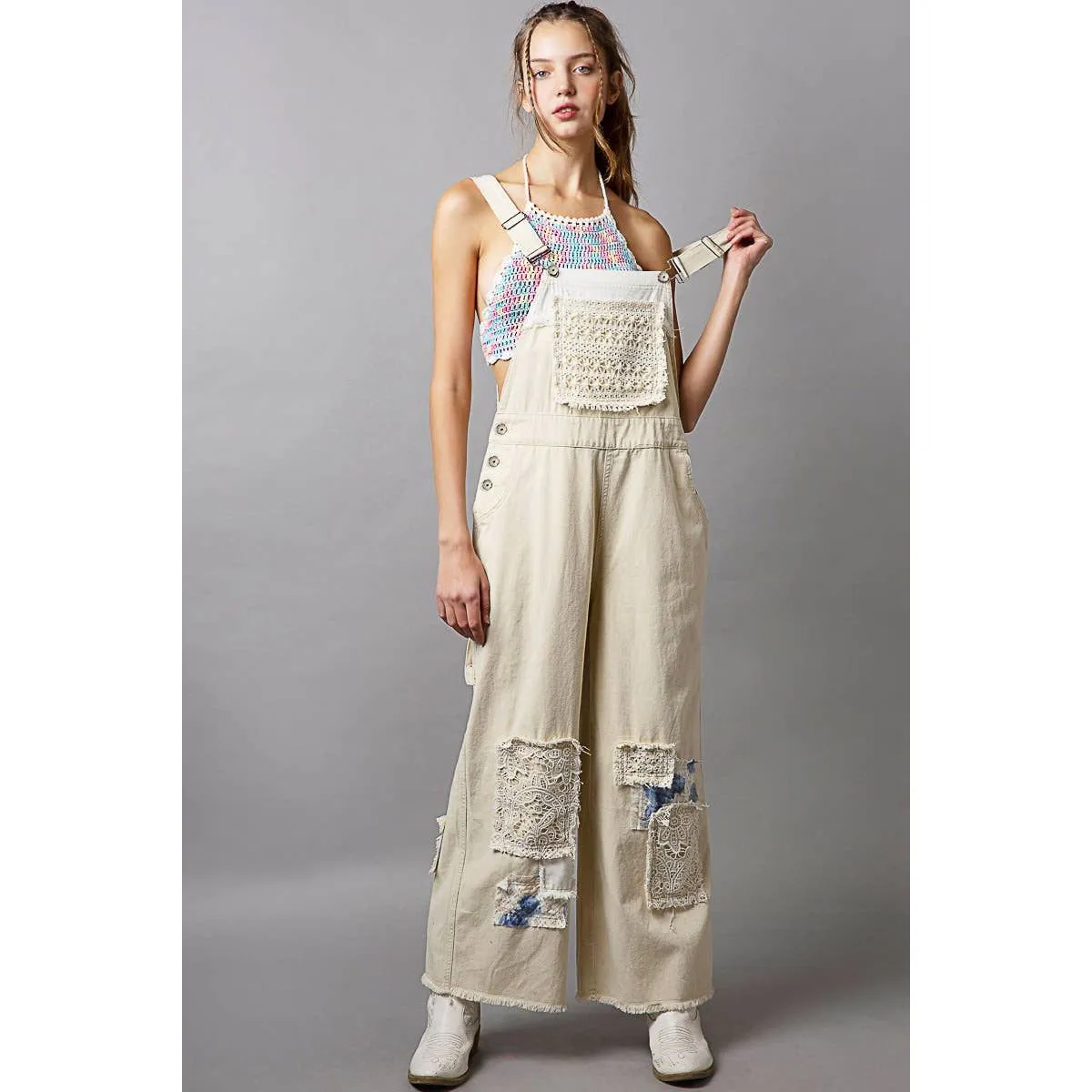 Crochet patchwork detail casual denim overalls