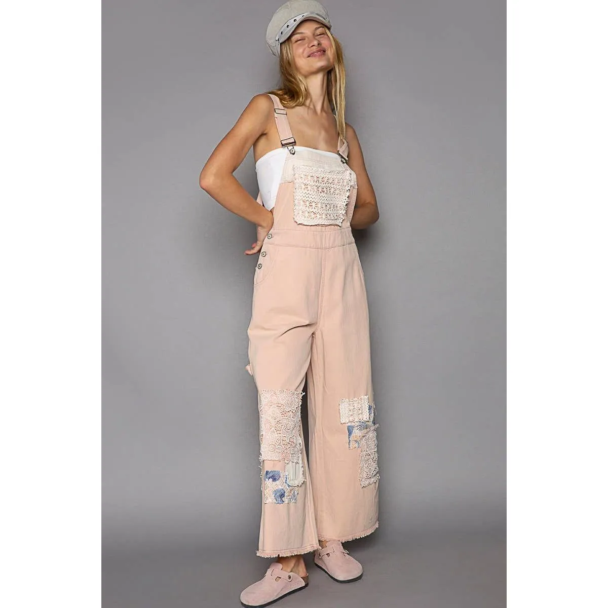 Crochet patchwork detail casual denim overalls