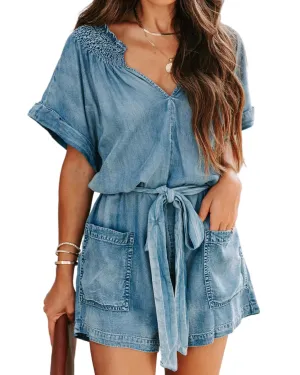 DEPENSL Womens Baggy Vintage Denim Rompers Distressed Summer Ruffle Sleeve V Neck Wide Leg Belted Short Jean Jumpsuit with Pockets