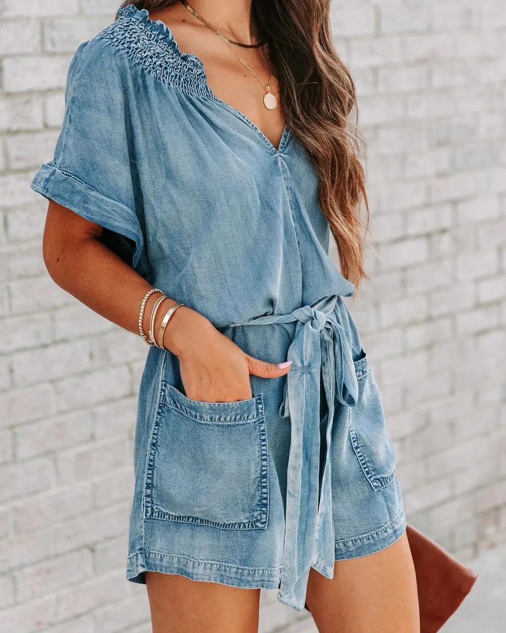 DEPENSL Womens Baggy Vintage Denim Rompers Distressed Summer Ruffle Sleeve V Neck Wide Leg Belted Short Jean Jumpsuit with Pockets