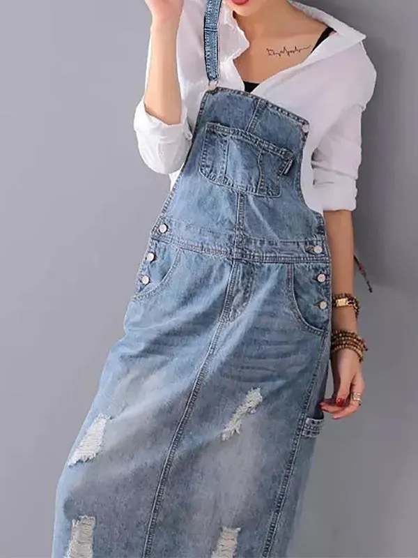 Desty™ | Distressed Denim Pinafore Dress with Back Slit