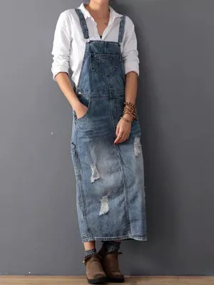 Desty™ | Distressed Denim Pinafore Dress with Back Slit