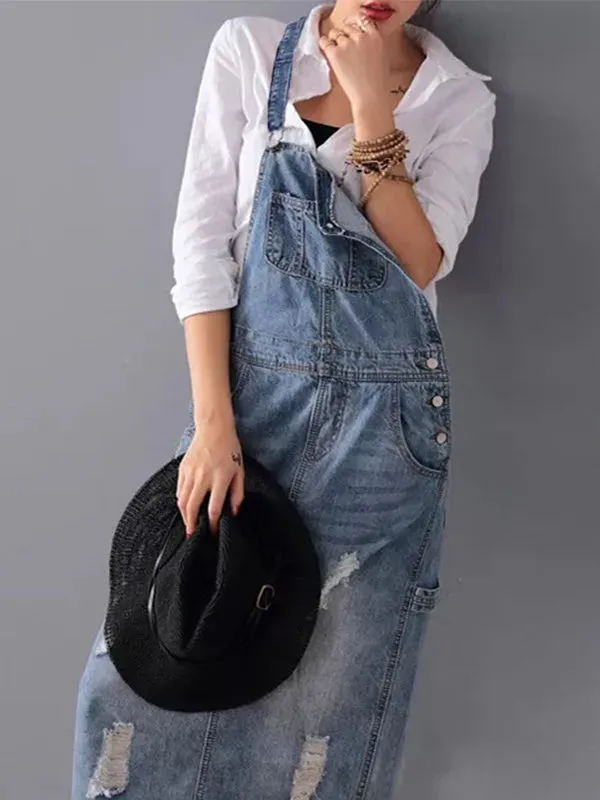 Desty™ | Distressed Denim Pinafore Dress with Back Slit