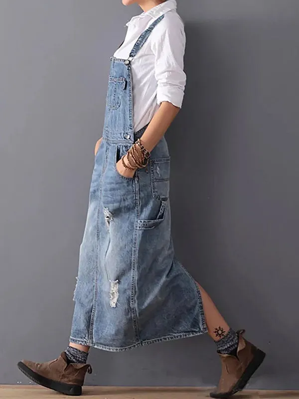 Desty™ | Distressed Denim Pinafore Dress with Back Slit