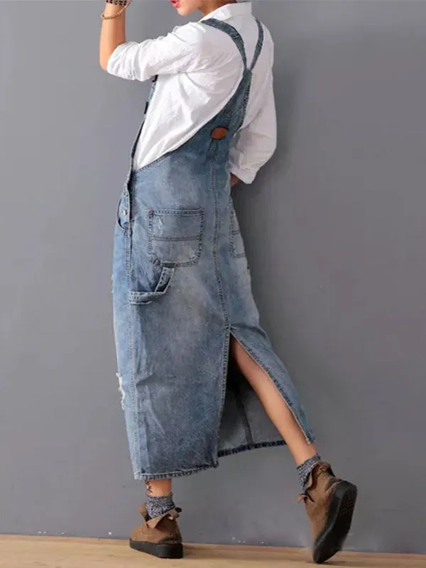 Desty™ | Distressed Denim Pinafore Dress with Back Slit