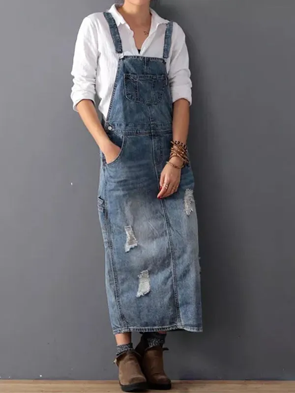 Desty™ | Distressed Denim Pinafore Dress with Back Slit