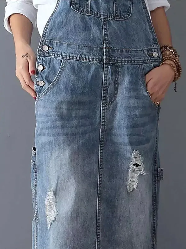 Distressed Denim Pinafore Dress with Back Slit