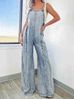 Exposed Seam Washed Wide Leg Denim Overalls