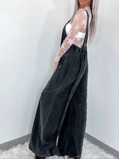 Gewassen vierkante hals wijde denim overall