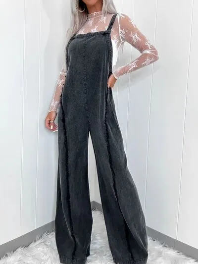Gewassen vierkante hals wijde denim overall