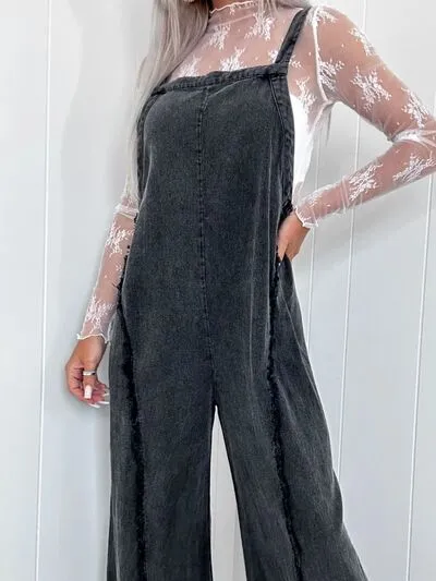Gewassen vierkante hals wijde denim overall