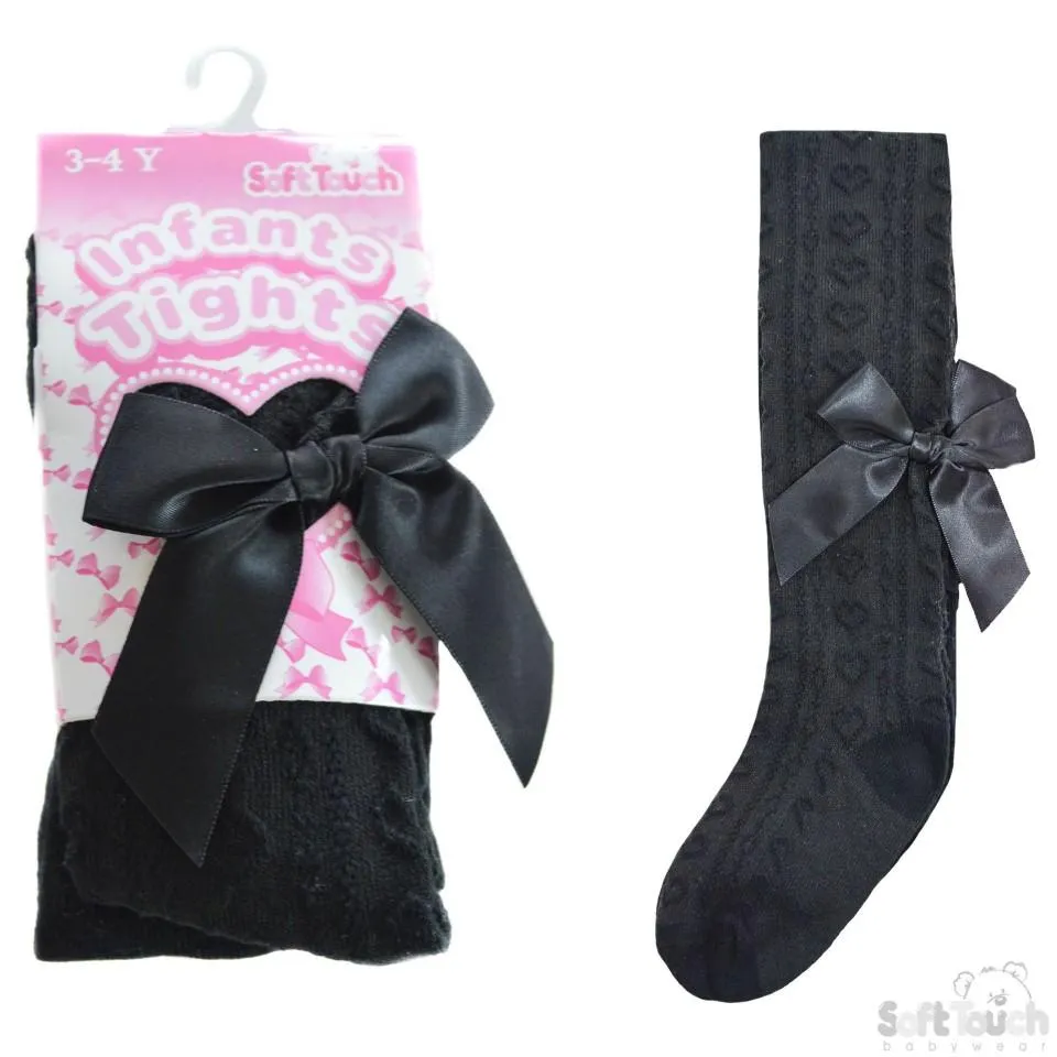 Girls Black Hearts Jacquard Tights W/Long Bow- 2-5 Years - T51-BLK