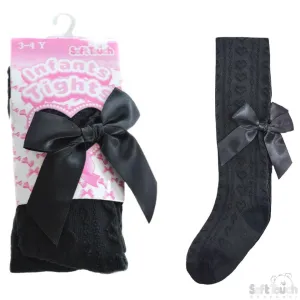 Girls Black Hearts Jacquard Tights W/Long Bow- 2-5 Years - T51-BLK