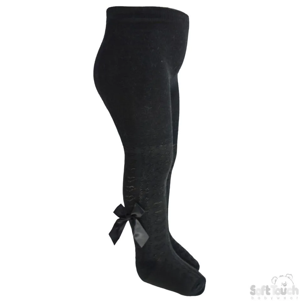 Girls Black Hearts Jacquard Tights W/Long Bow- 2-5 Years - T51-BLK