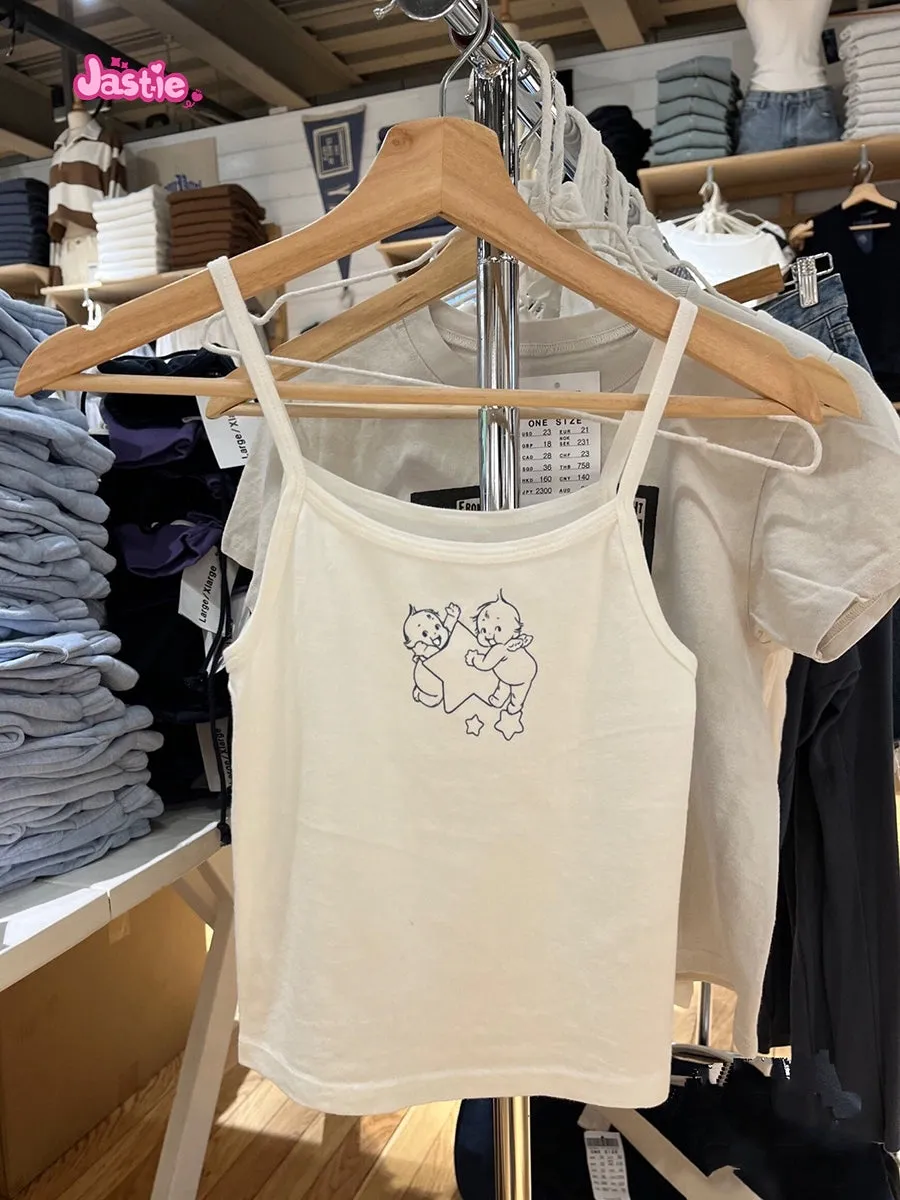 JazzHer Vintage Star Angel Print Camisoles Women Summer White Ribbed Cotton Sleeveless Tank Tops Sweet Girls Streetwear Y2k Crop Top