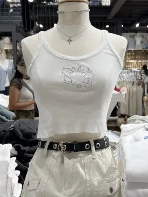 JazzHer Vintage Star Angel Print Camisoles Women Summer White Ribbed Cotton Sleeveless Tank Tops Sweet Girls Streetwear Y2k Crop Top