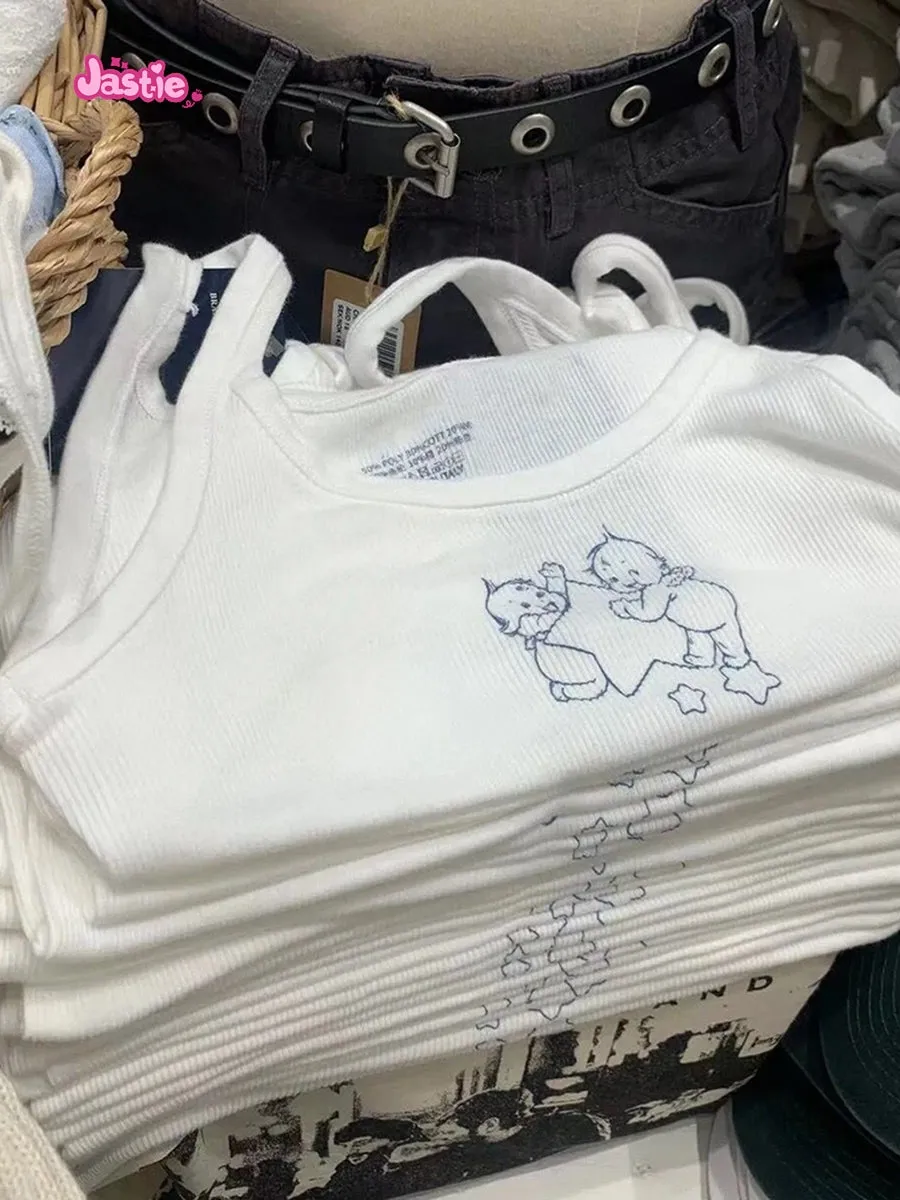 JazzHer Vintage Star Angel Print Camisoles Women Summer White Ribbed Cotton Sleeveless Tank Tops Sweet Girls Streetwear Y2k Crop Top