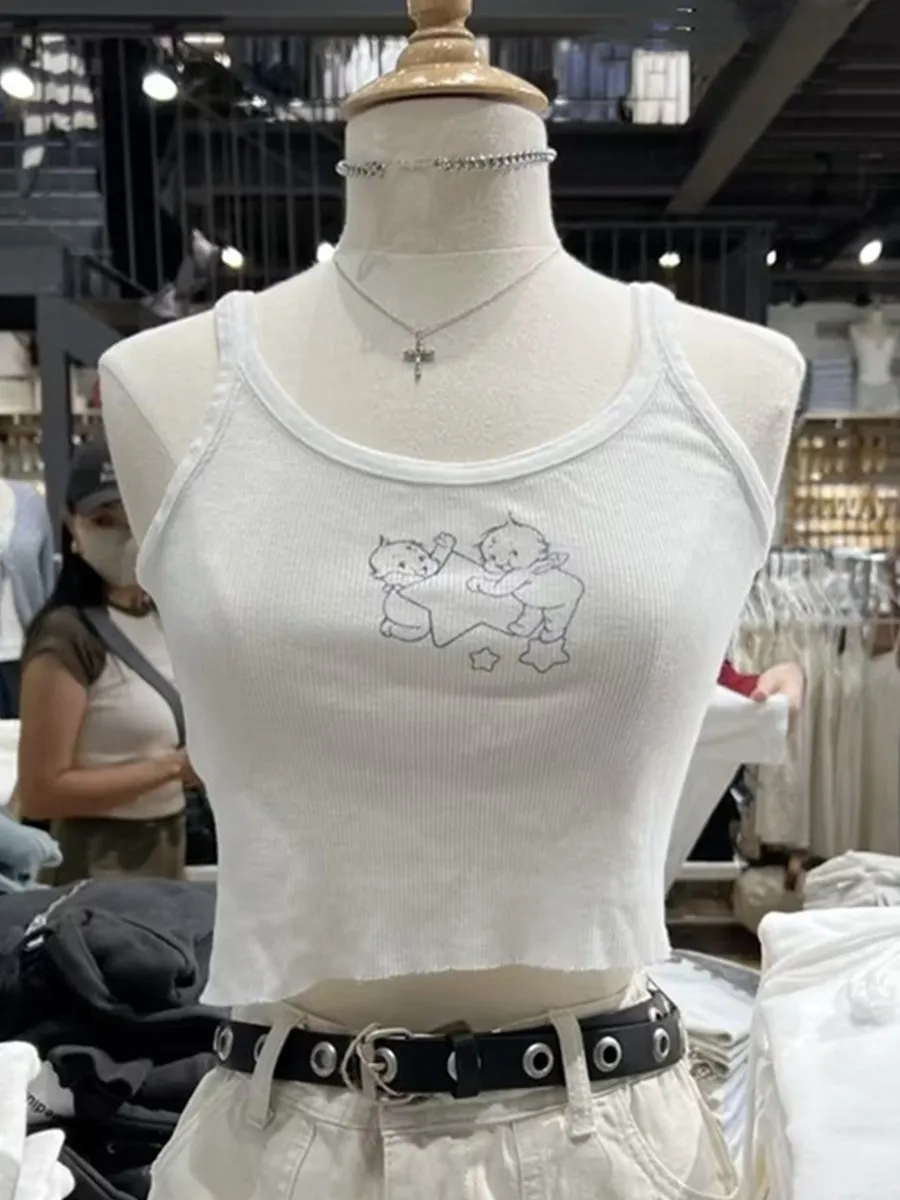 JazzHer Vintage Star Angel Print Camisoles Women Summer White Ribbed Cotton Sleeveless Tank Tops Sweet Girls Streetwear Y2k Crop Top