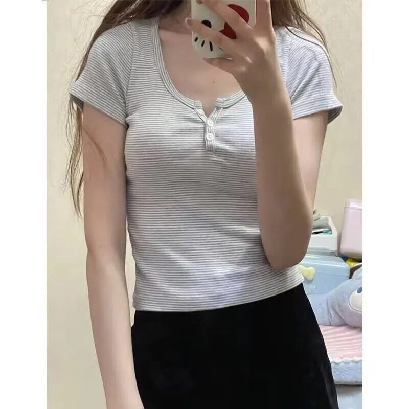JazzHer Vintage Striped Slim T Shirt Women  Summer Round Neck Short Sleeve Cotton Soft Tees Female Casual Harajuku Button Crop Top 2025