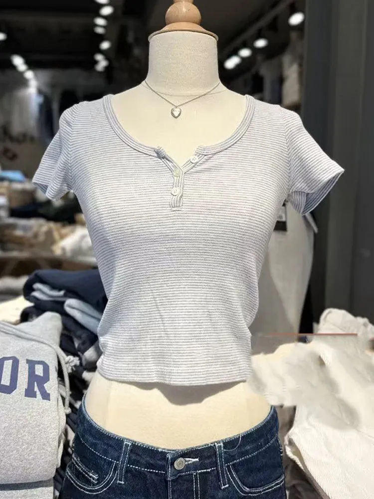 JazzHer Vintage Striped Slim T Shirt Women  Summer Round Neck Short Sleeve Cotton Soft Tees Female Casual Harajuku Button Crop Top 2025