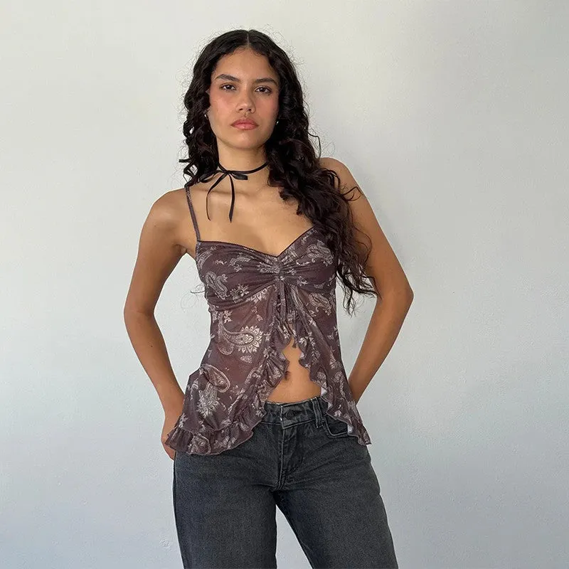 Khaki Printed Mesh Top