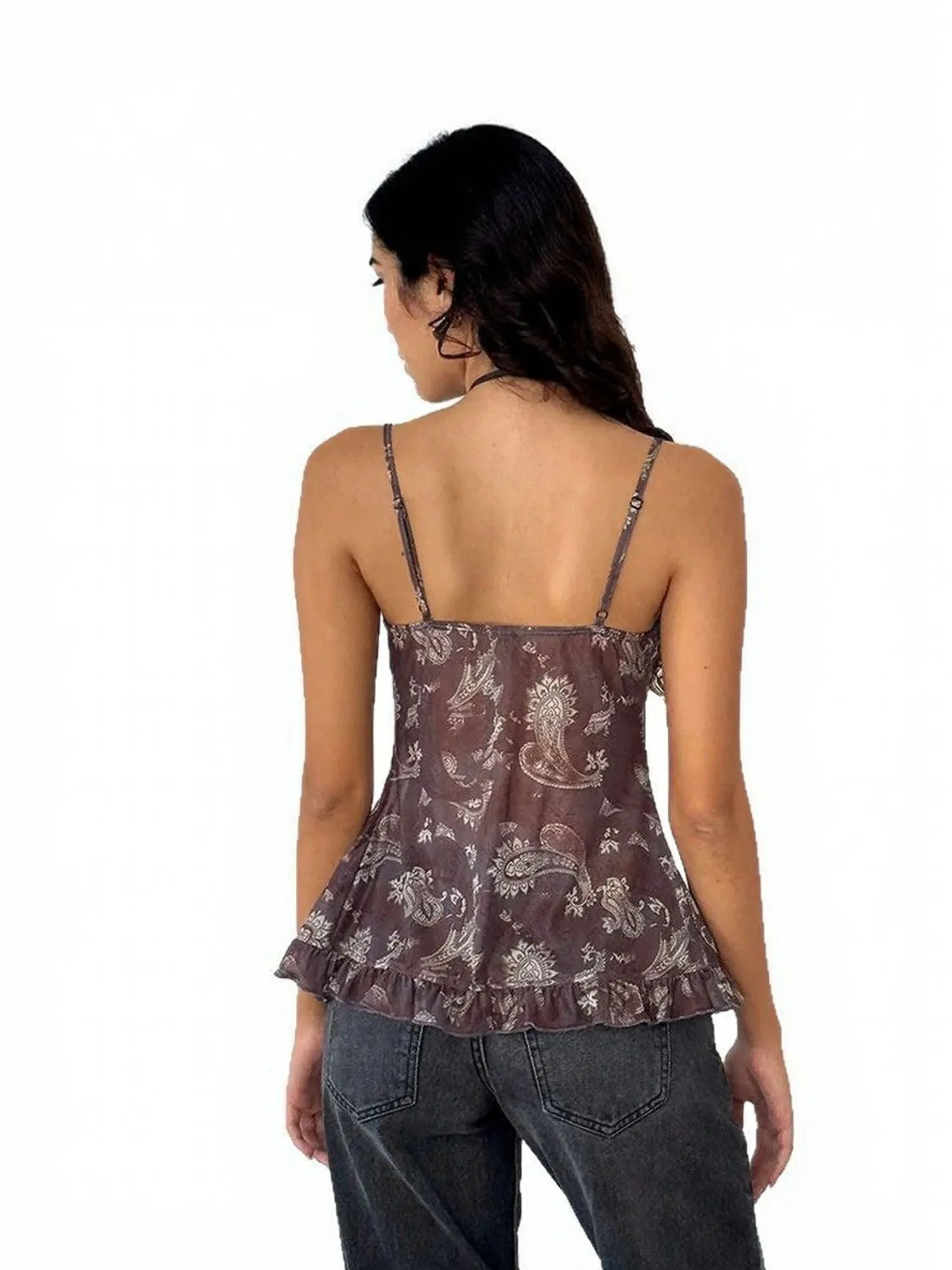 Khaki Printed Mesh Top