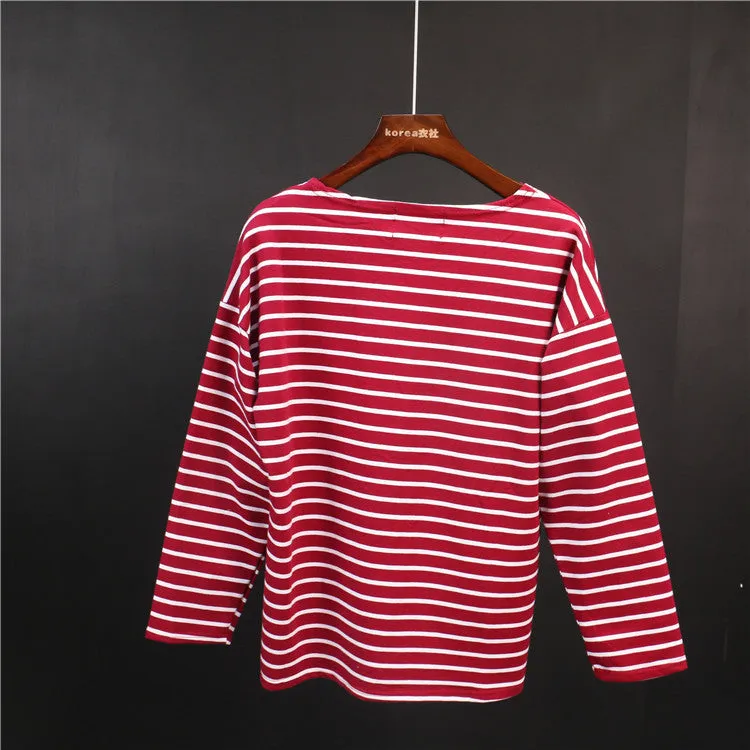Ladies Casual Shirt Women's Red White Striped 3/4 sleeve Tops For Woman Crew Neck Bottoming Tee Shirt 11 Colors