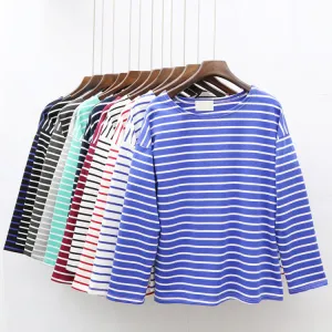 Ladies Casual Shirt Women's Red White Striped 3/4 sleeve Tops For Woman Crew Neck Bottoming Tee Shirt 11 Colors