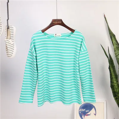 Ladies Casual Shirt Women's Red White Striped 3/4 sleeve Tops For Woman Crew Neck Bottoming Tee Shirt 11 Colors