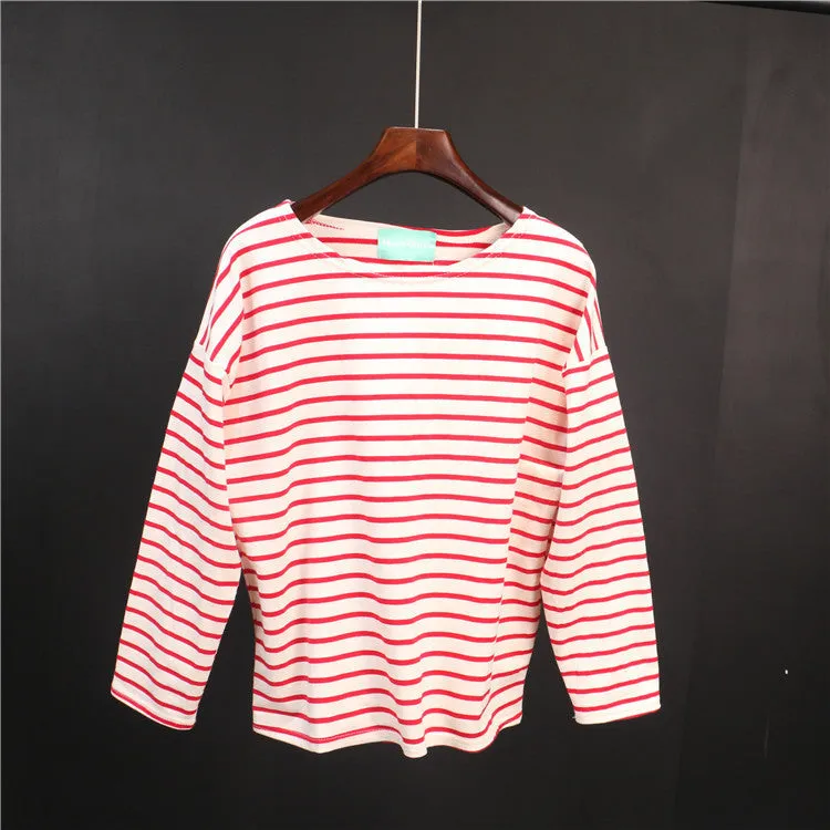 Ladies Casual Shirt Women's Red White Striped 3/4 sleeve Tops For Woman Crew Neck Bottoming Tee Shirt 11 Colors