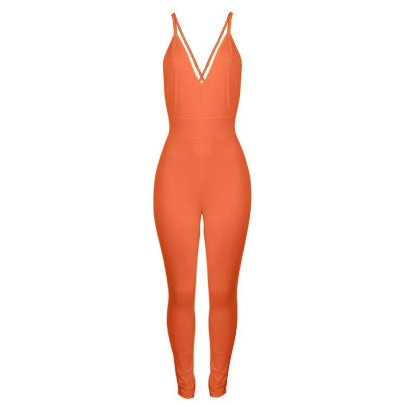 Long Skinny Solid Rompers Womens Jumpsuit Deep V-Neck Backless Sleeveless Spaghetti Strap Bodysuit