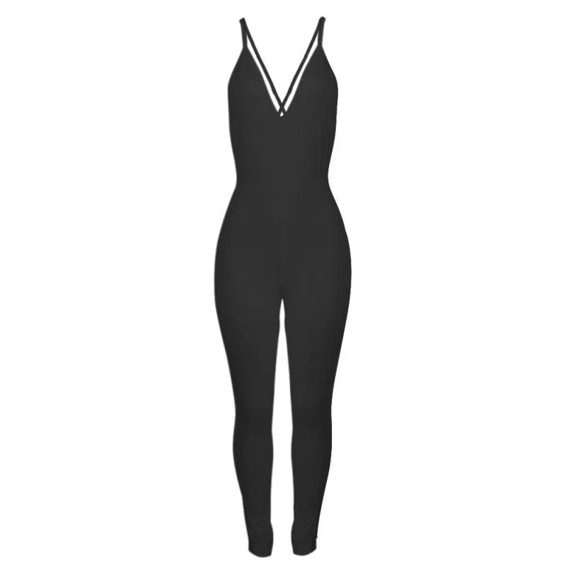 Long Skinny Solid Rompers Womens Jumpsuit Deep V-Neck Backless Sleeveless Spaghetti Strap Bodysuit