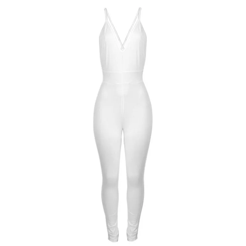 Long Skinny Solid Rompers Womens Jumpsuit Deep V-Neck Backless Sleeveless Spaghetti Strap Bodysuit