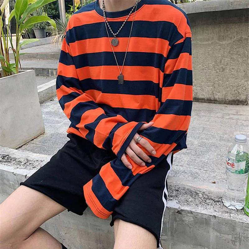 Long Sleeve Colorful Striped Loose Men Shirts
