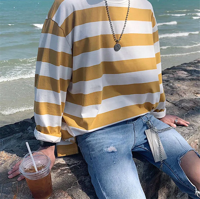 Long Sleeve Colorful Striped Loose Men Shirts