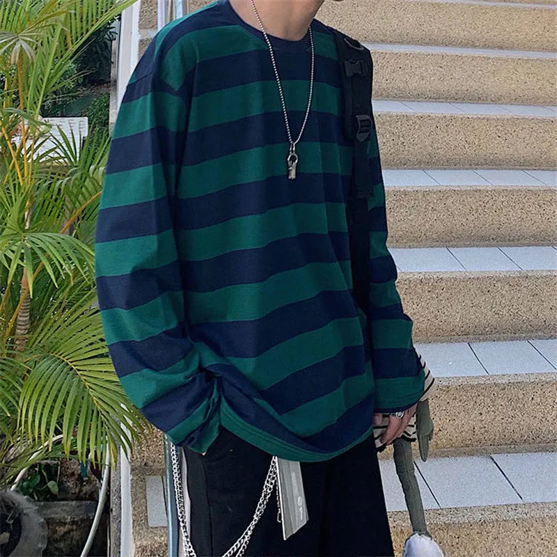 Long Sleeve Colorful Striped Loose Men Shirts