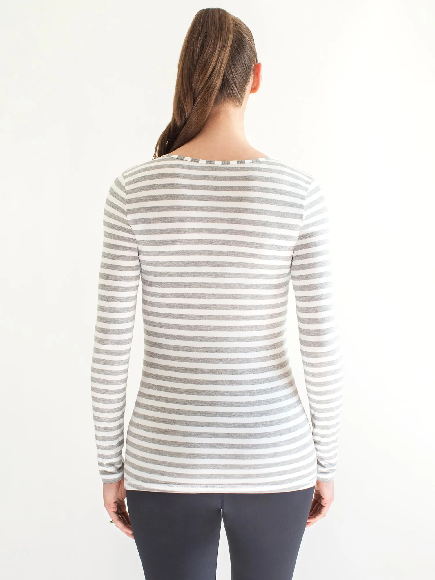 MATERNITY SOFT STRETCH LONG SLEEVE TEE, LIGHT HEATHER GREY STRIPE