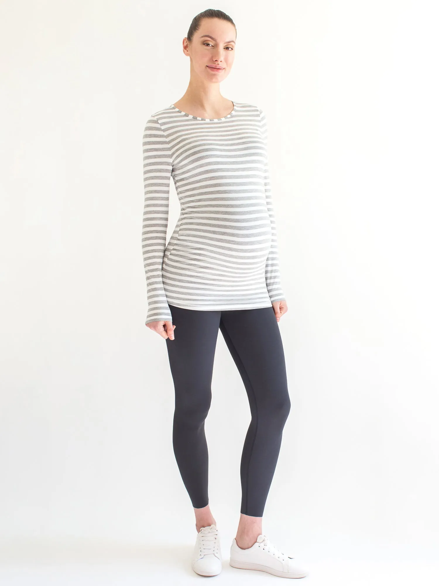 MATERNITY SOFT STRETCH LONG SLEEVE TEE, LIGHT HEATHER GREY STRIPE
