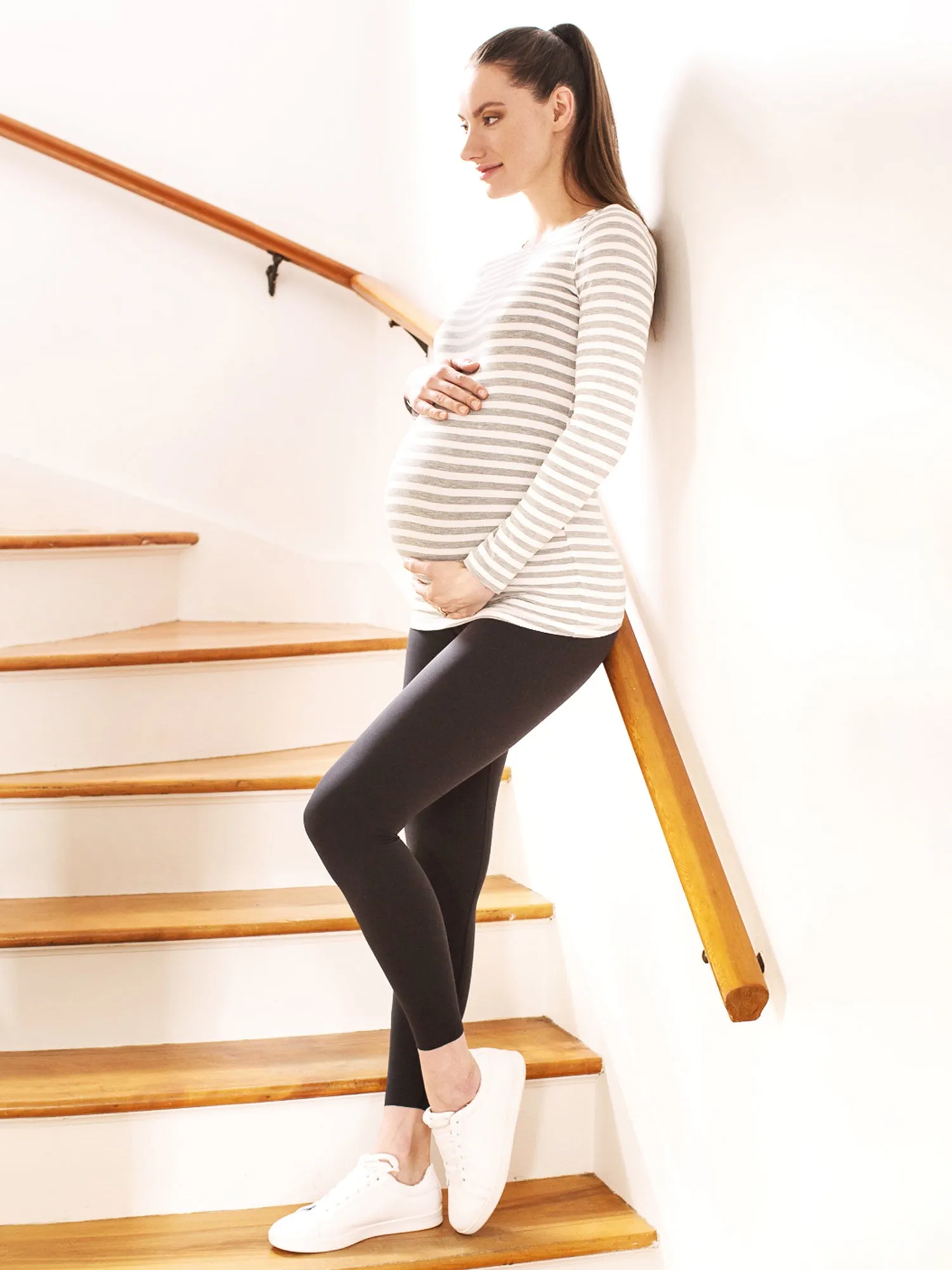 MATERNITY SOFT STRETCH LONG SLEEVE TEE, LIGHT HEATHER GREY STRIPE