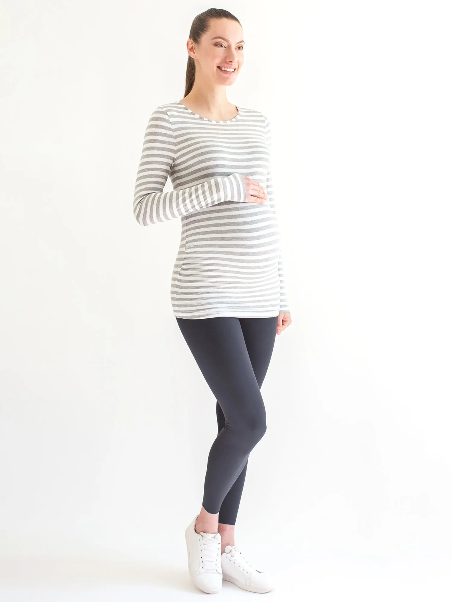 MATERNITY SOFT STRETCH LONG SLEEVE TEE, LIGHT HEATHER GREY STRIPE