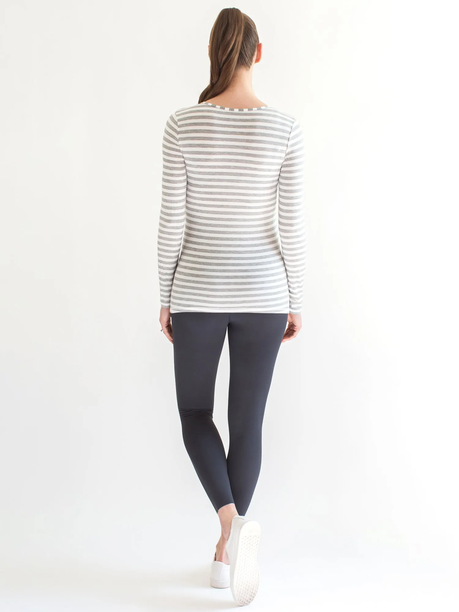MATERNITY SOFT STRETCH LONG SLEEVE TEE, LIGHT HEATHER GREY STRIPE