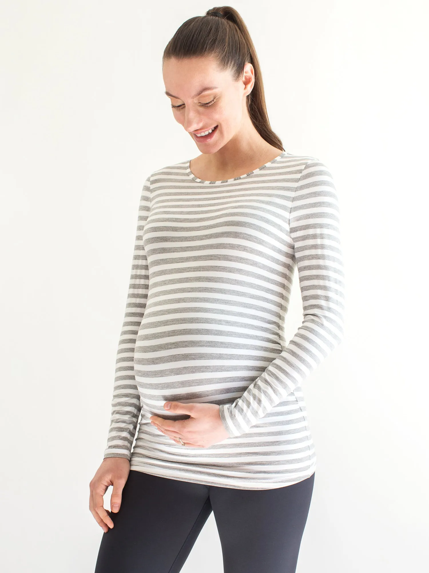 MATERNITY SOFT STRETCH LONG SLEEVE TEE, LIGHT HEATHER GREY STRIPE