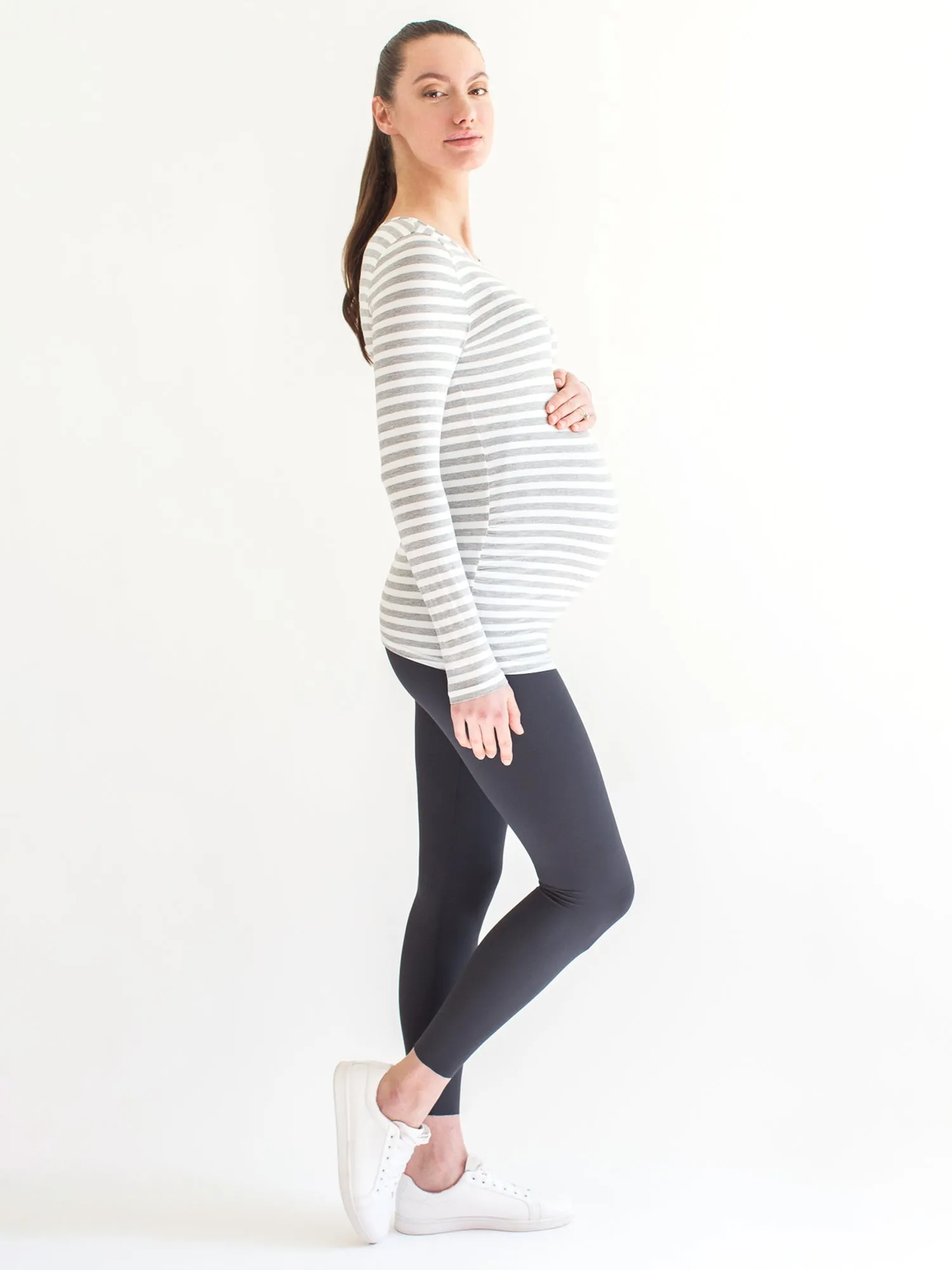 MATERNITY SOFT STRETCH LONG SLEEVE TEE, LIGHT HEATHER GREY STRIPE