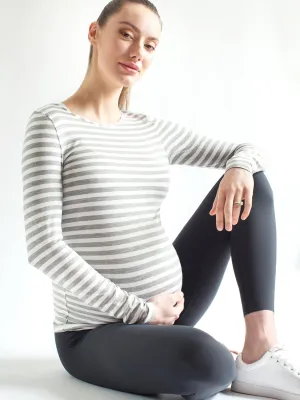 MATERNITY SOFT STRETCH LONG SLEEVE TEE, LIGHT HEATHER GREY STRIPE